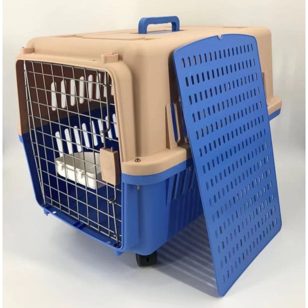 Blue Large Dog Puppy Cat Crate Pet Carrier Cage w/ Tray Bowl & Wheel