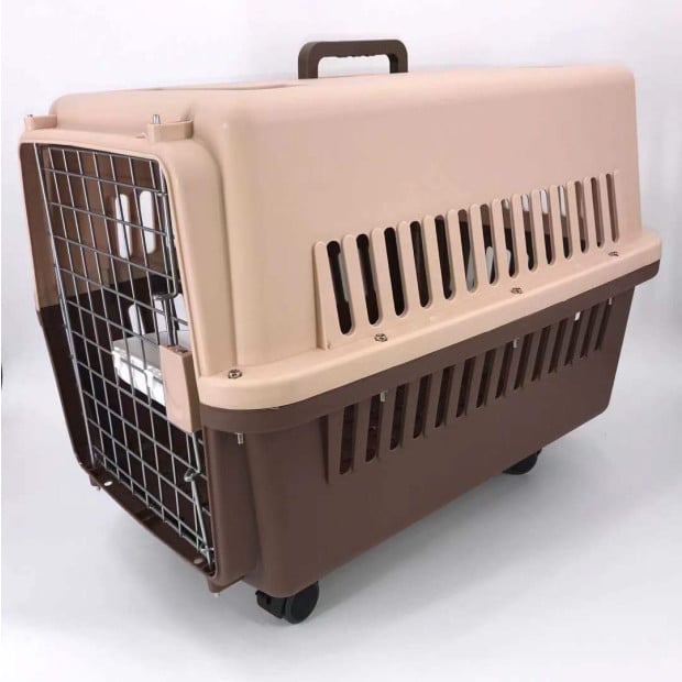 Brown Large Dog Puppy Cat Crate Pet Carrier Cage w/ Tray Bowl & Wheel Image 2