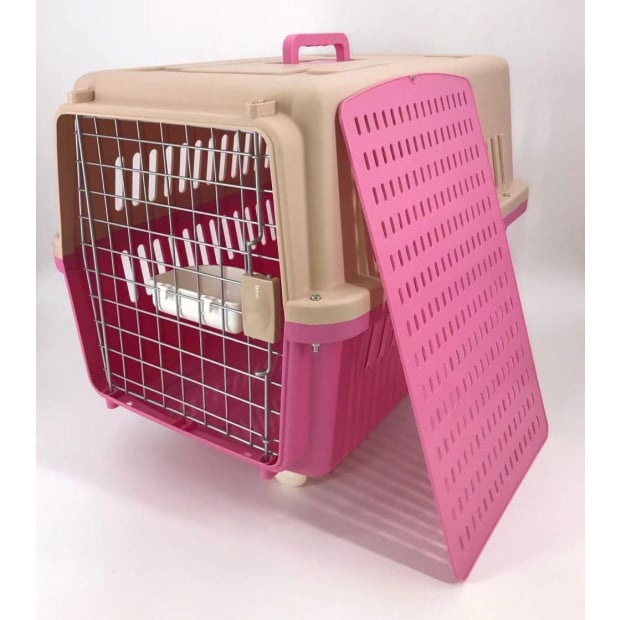 Pink Large Dog Puppy Cat Crate Pet Carrier Cage W Tray Bowl