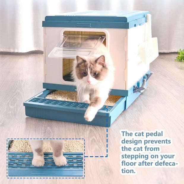 XL Portable Cat Toilet Litter Box Tray House Scoop Blue Image 5