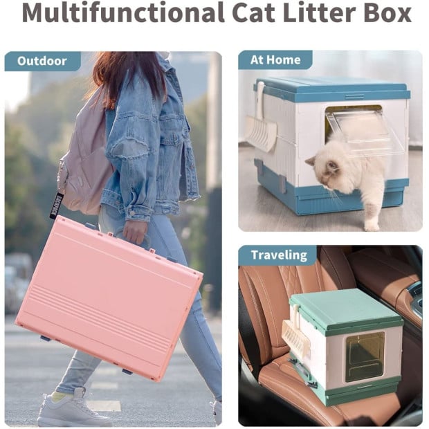 XL Portable Cat Toilet Litter Box Tray House Scoop Blue Image 8