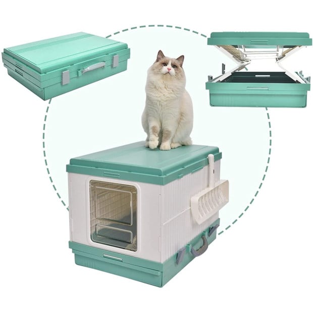 XL Portable Cat Toilet Litter Box Tray Foldable House Scoop Green Image 2
