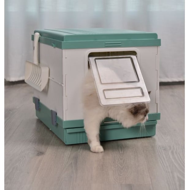 XL Portable Cat Toilet Litter Box Tray Foldable House Scoop Green Image 3
