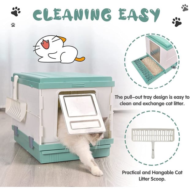XL Portable Cat Toilet Litter Box Tray Foldable House Scoop Green Image 4