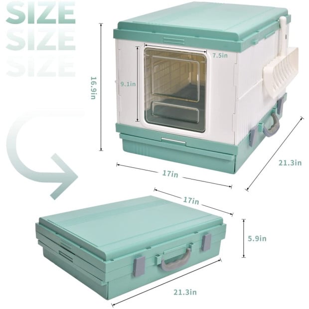 XL Portable Cat Toilet Litter Box Tray Foldable House Scoop Green Image 7