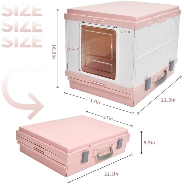 XL Portable Cat Toilet Litter Box Tray Foldable House Scoop Pink Image 4