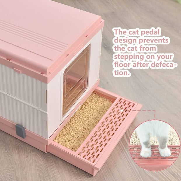 XL Portable Cat Toilet Litter Box Tray Foldable House Scoop Pink Image 5
