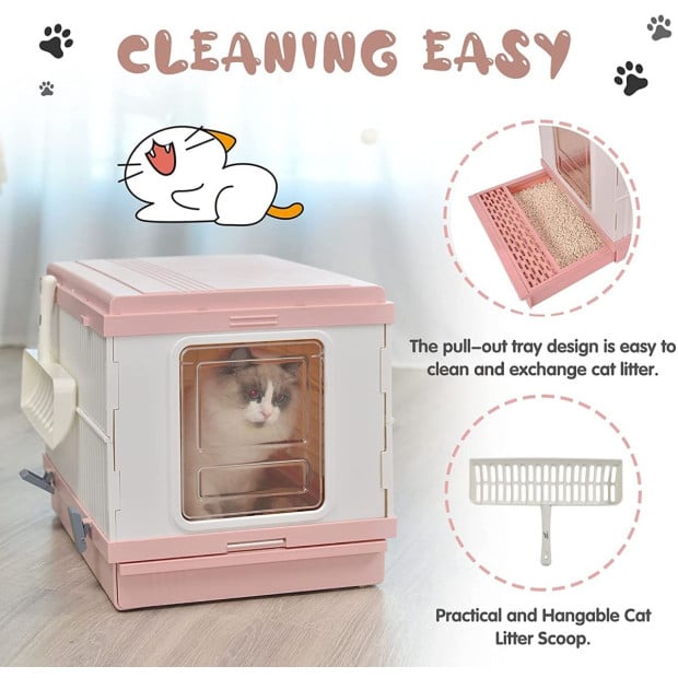 XL Portable Cat Toilet Litter Box Tray Foldable House Scoop Pink Image 6