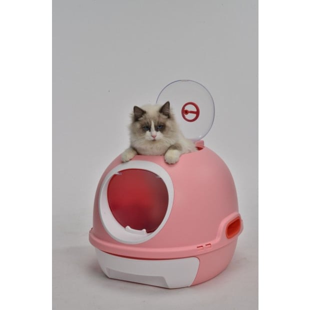Hooded Cat Toilet Litter Box Tray House Drawer & Scoop Pink Image 2