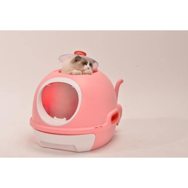 Hooded Cat Toilet Litter Box Tray House Drawer & Scoop Pink Image 3