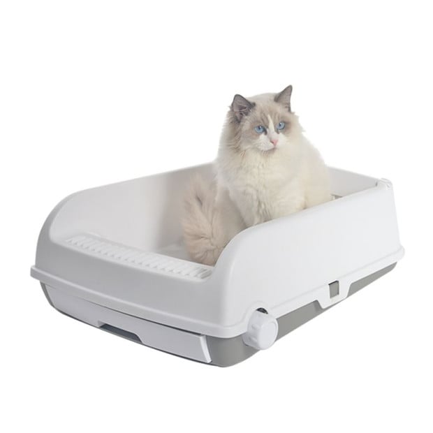 Large Cat Litter Tray Box Kitty Toilet Rack Scoop Cleaning Box White