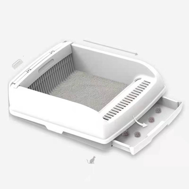 Large Cat Litter Tray Box Kitty Toilet Rack Scoop Cleaning Box White Image 3