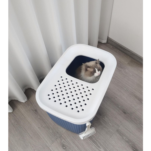 XXL Top Entry Cat Litter Box Large Enclosed Kitty Tray Dark Blue Image 2