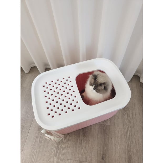XXL Top Entry Cat Litter Box No Mess Kitty Tray Pink Image 3