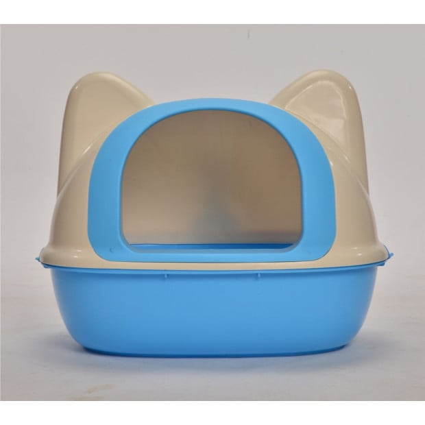 Medium Hooded Cat Toilet Litter Box Tray House With Scoop Blue
