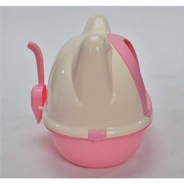 Medium Hooded Cat Toilet Litter Box Tray House With Scoop Pink Image 2