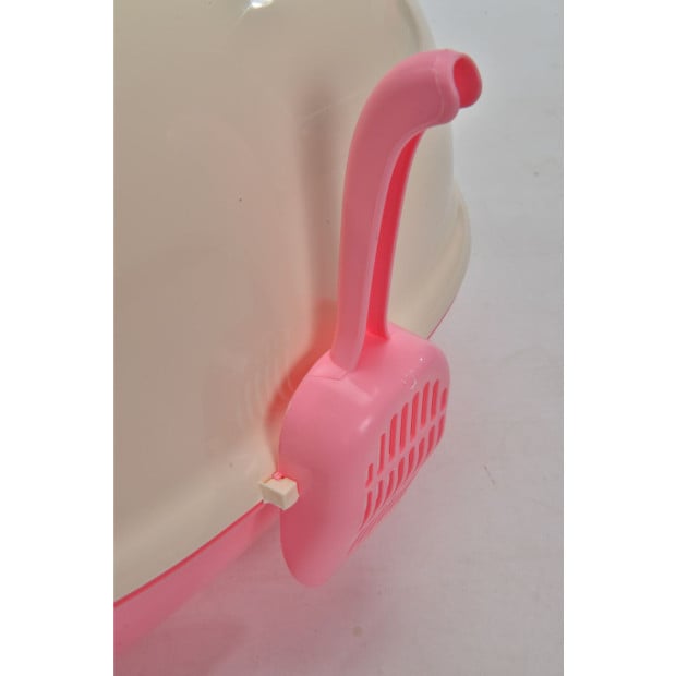 Medium Hooded Cat Toilet Litter Box Tray House With Scoop Pink Image 5