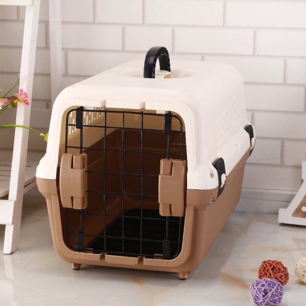 Small Portable Plastic Dog Cat Pet Carrier Travel Cage w/ Tray Brown