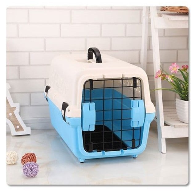 Medium Portable Plastic Dog Cat Pet Carrier Travel Cage Tray Blue Image 2