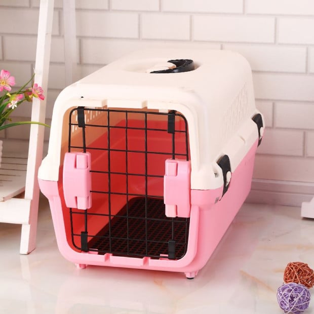 Portable Plastic Dog Cat Pet Pets Carrier Travel Cage With Tray Pink