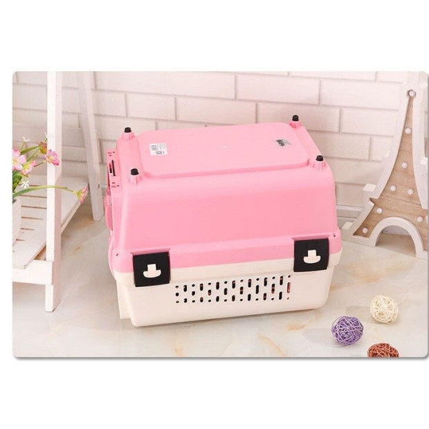 Portable Plastic Dog Cat Pet Pets Carrier Travel Cage With Tray Pink Image 5