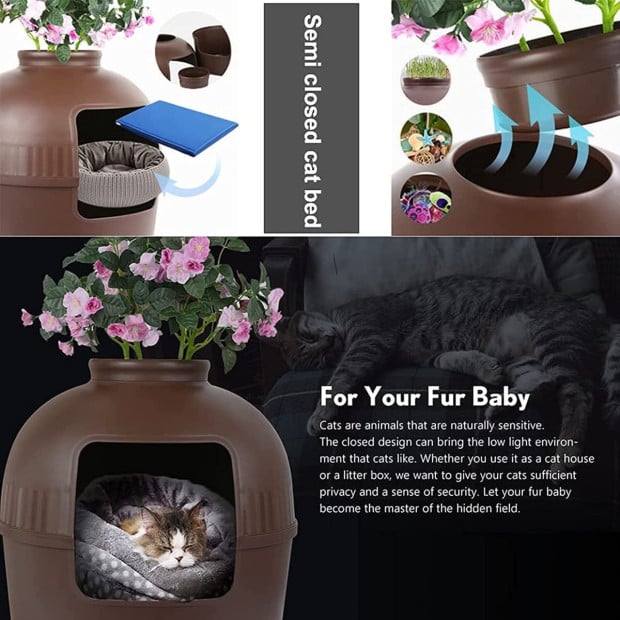 Multifunctional Cat Litter Box Pet Cat House Semi-enclosed Brown Image 4