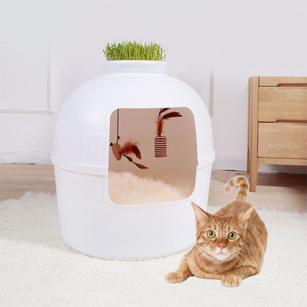 Multifunctional Cat Litter Box Pet Cat House Semi-enclosed White