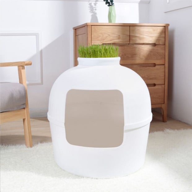 Multifunctional Cat Litter Box Pet Cat House Semi-enclosed White Image 3