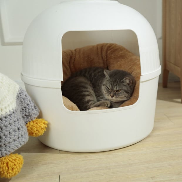 Multifunctional Cat Litter Box Pet Cat House Semi-enclosed White Image 7