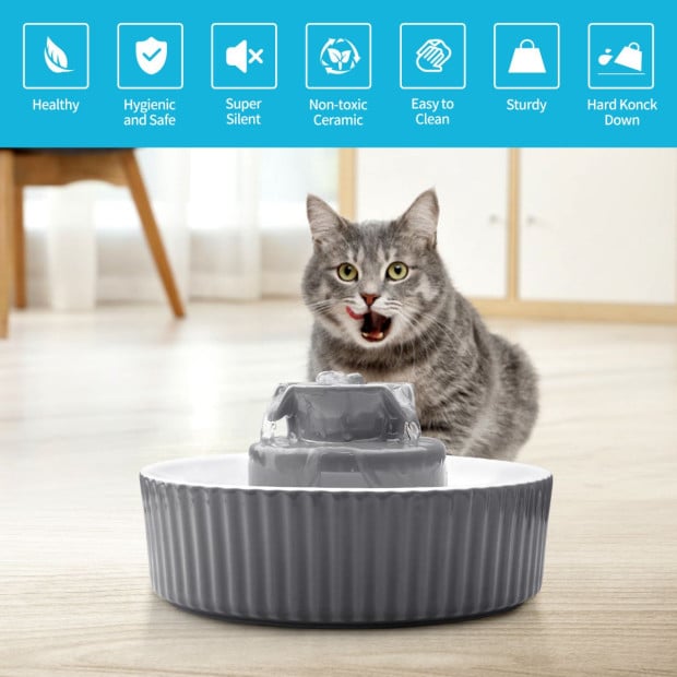 Grey Ceramic Electric Pet Water Fountain Dog Cat Feeder Bowl Dispenser Image 2