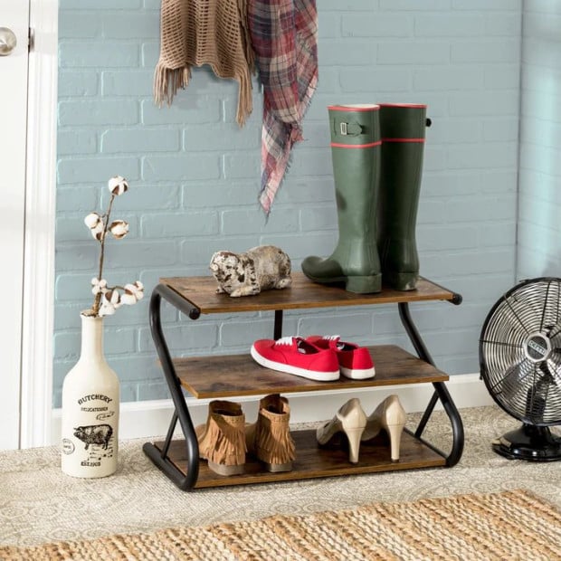 Rustic Wood 3-tier Medium Shoe Rack Shelf Stand Storage Organizer Image 2