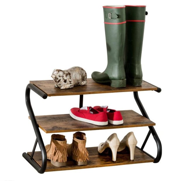 Rustic Wood 3-tier Medium Shoe Rack Shelf Stand Storage Organizer Image 6