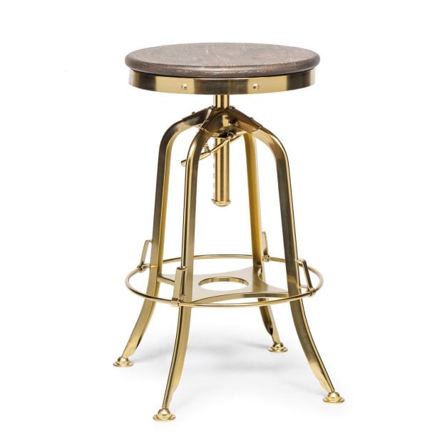 Industrial Adjustable Swivel Bar Stool With Oak Wood Top - Gold Finish