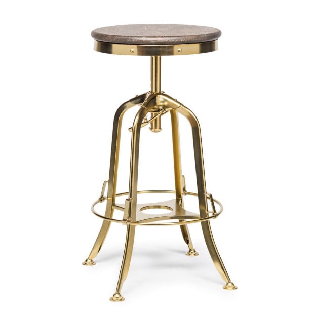Industrial Adjustable Swivel Bar Stool With Oak Wood Top - Gold Finish Image 2