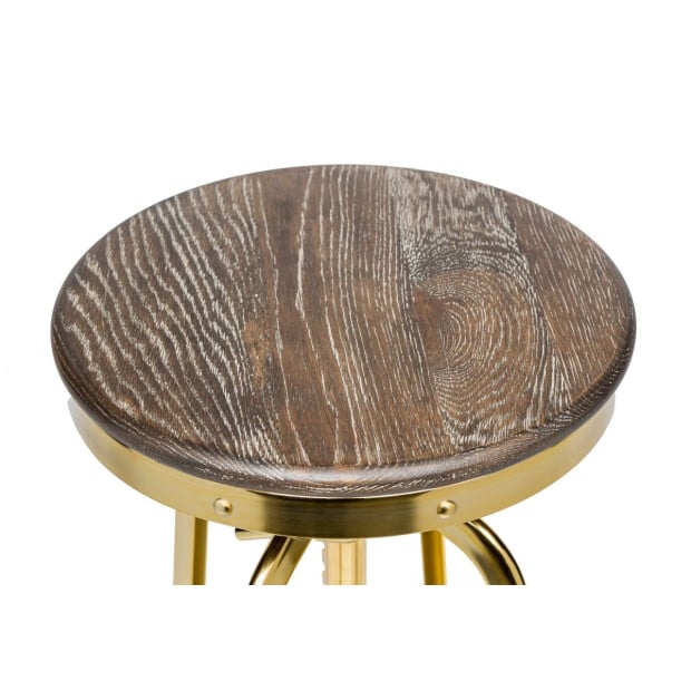 Industrial Adjustable Swivel Bar Stool With Oak Wood Top - Gold Finish Image 4