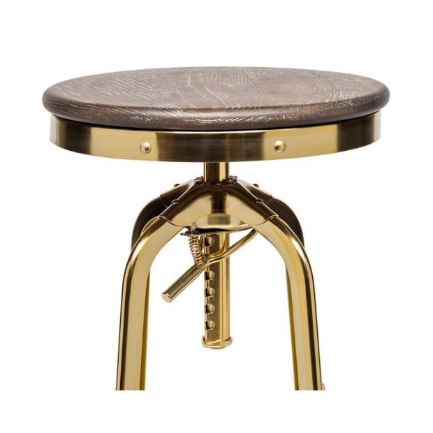 Industrial Adjustable Swivel Bar Stool With Oak Wood Top - Gold Finish Image 5