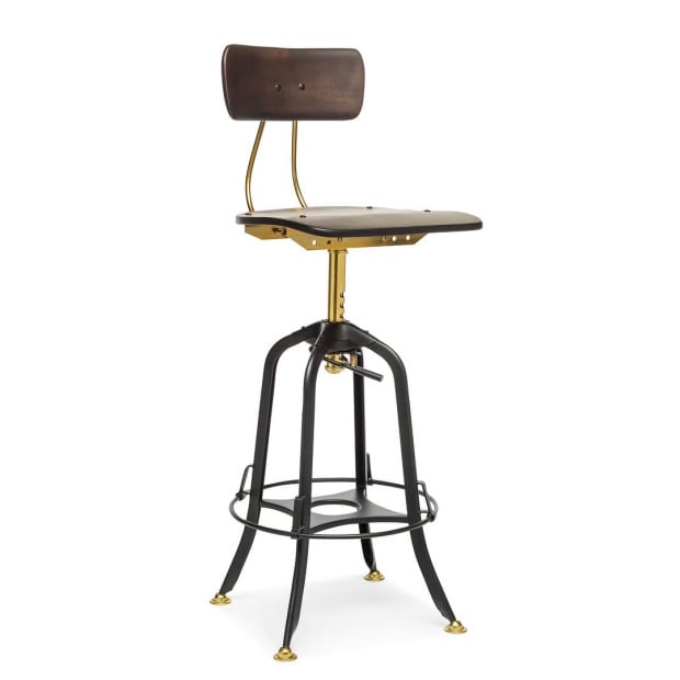 Industrial Wooden Adjustable Swivel Bar Stool w/ Back - Gold Black Image 2