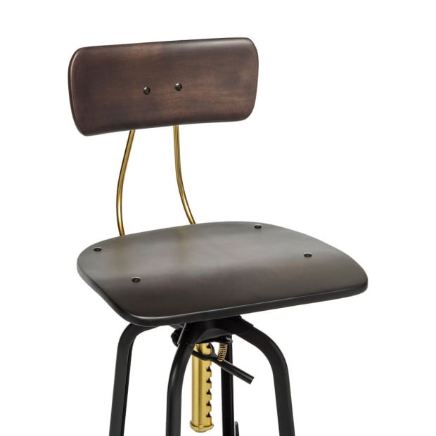 Industrial Wooden Adjustable Swivel Bar Stool w/ Back - Gold Black Image 5