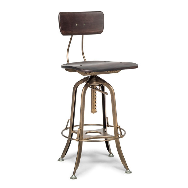 Wooden Adjustable Swivel Bar Stool Chair With Back - Dark French Brass