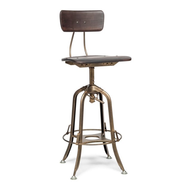 Wooden Adjustable Swivel Bar Stool Chair With Back - Dark French Brass Image 2