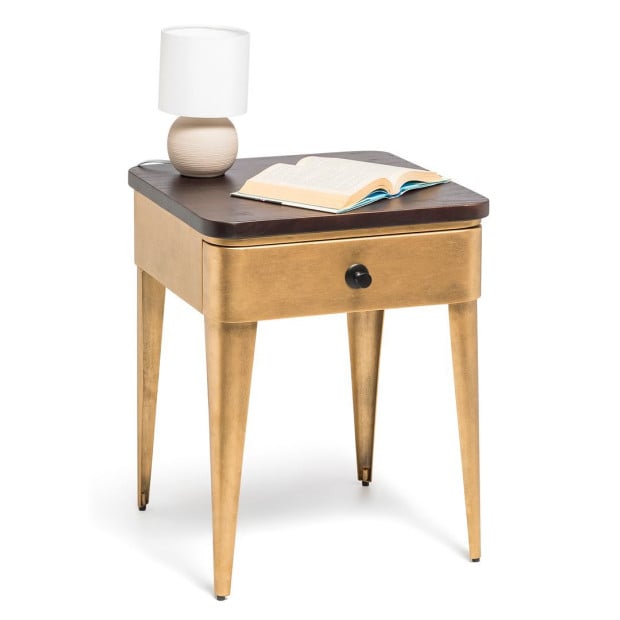 Modern Bedside Table In Brass Finish With Storage Drawer And Wood Top