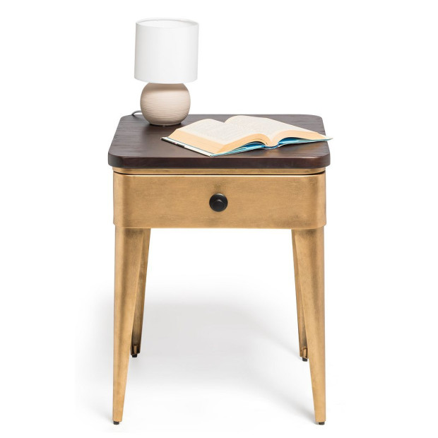 Modern Bedside Table In Brass Finish With Storage Drawer And Wood Top Image 2