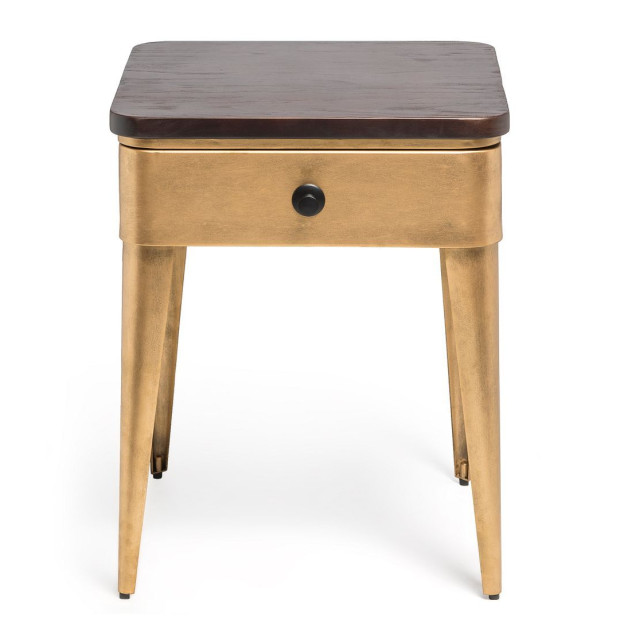 Modern Bedside Table In Brass Finish With Storage Drawer And Wood Top Image 3