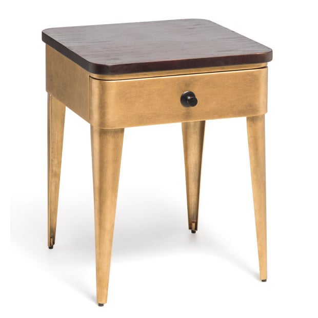 Modern Bedside Table In Brass Finish With Storage Drawer And Wood Top Image 4