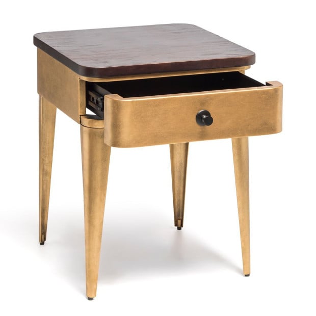 Modern Bedside Table In Brass Finish With Storage Drawer And Wood Top Image 5