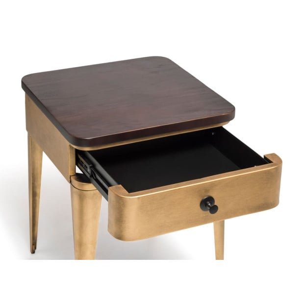 Modern Bedside Table In Brass Finish With Storage Drawer And Wood Top Image 6