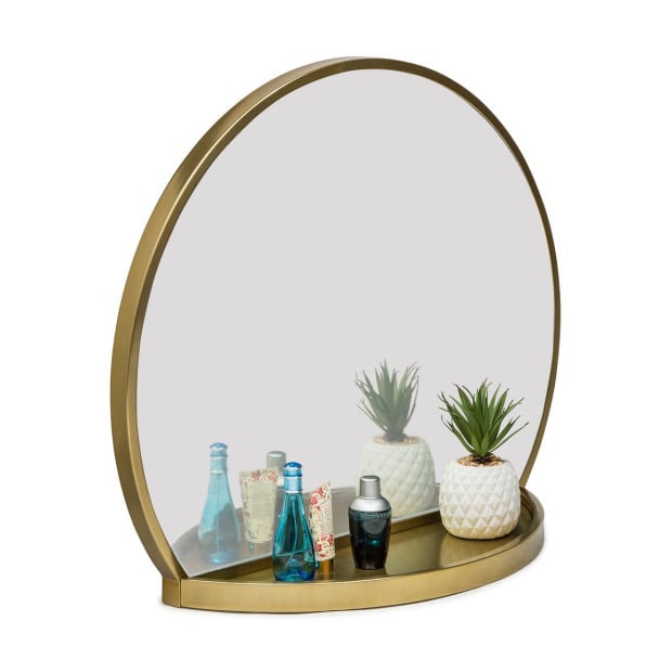 Round Table Wall Mirror With Shelf Storage In Brass Finish Image 2