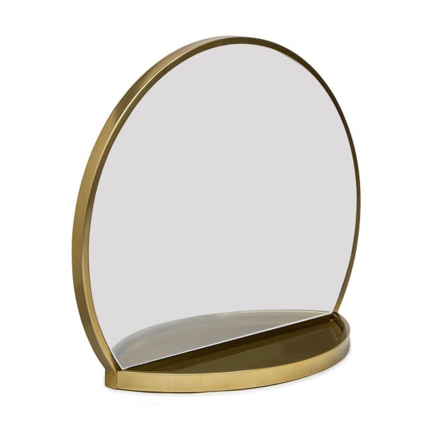 Round Table Wall Mirror With Shelf Storage In Brass Finish Image 3