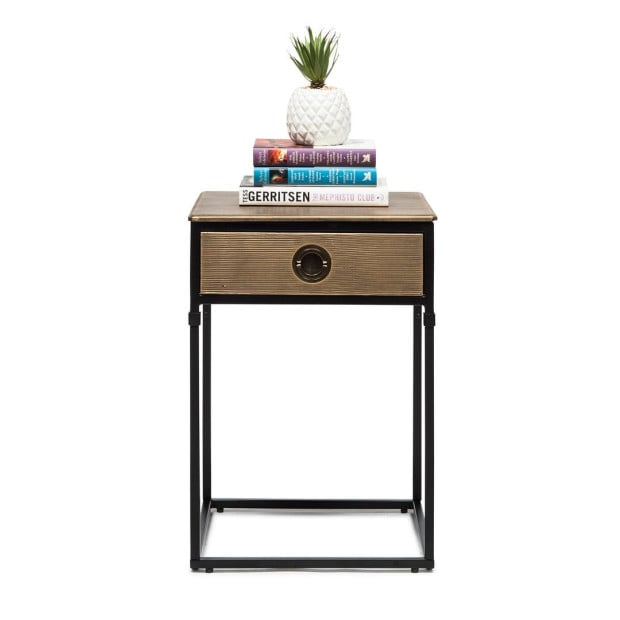 Black Bedside Table With Storage Drawer And Gold Finished Textured Top Image 2