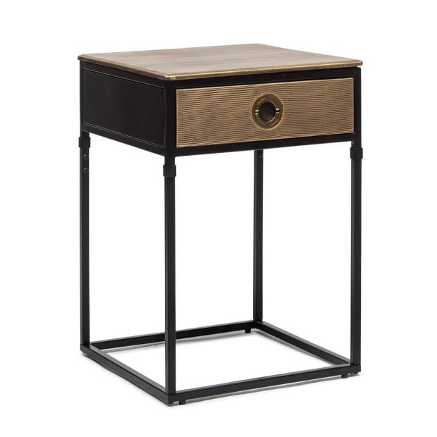 Black Bedside Table With Storage Drawer And Gold Finished Textured Top Image 3